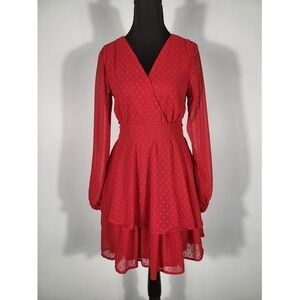 Japna Red Swiss Dot Dress Long Sleeve Ruffle Tiered Mini Dress Size S